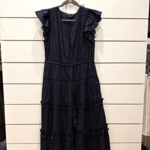J Crew Embroidered Flutter Sleeve Tiered Midi Dress Cotton Voile Black Size 6